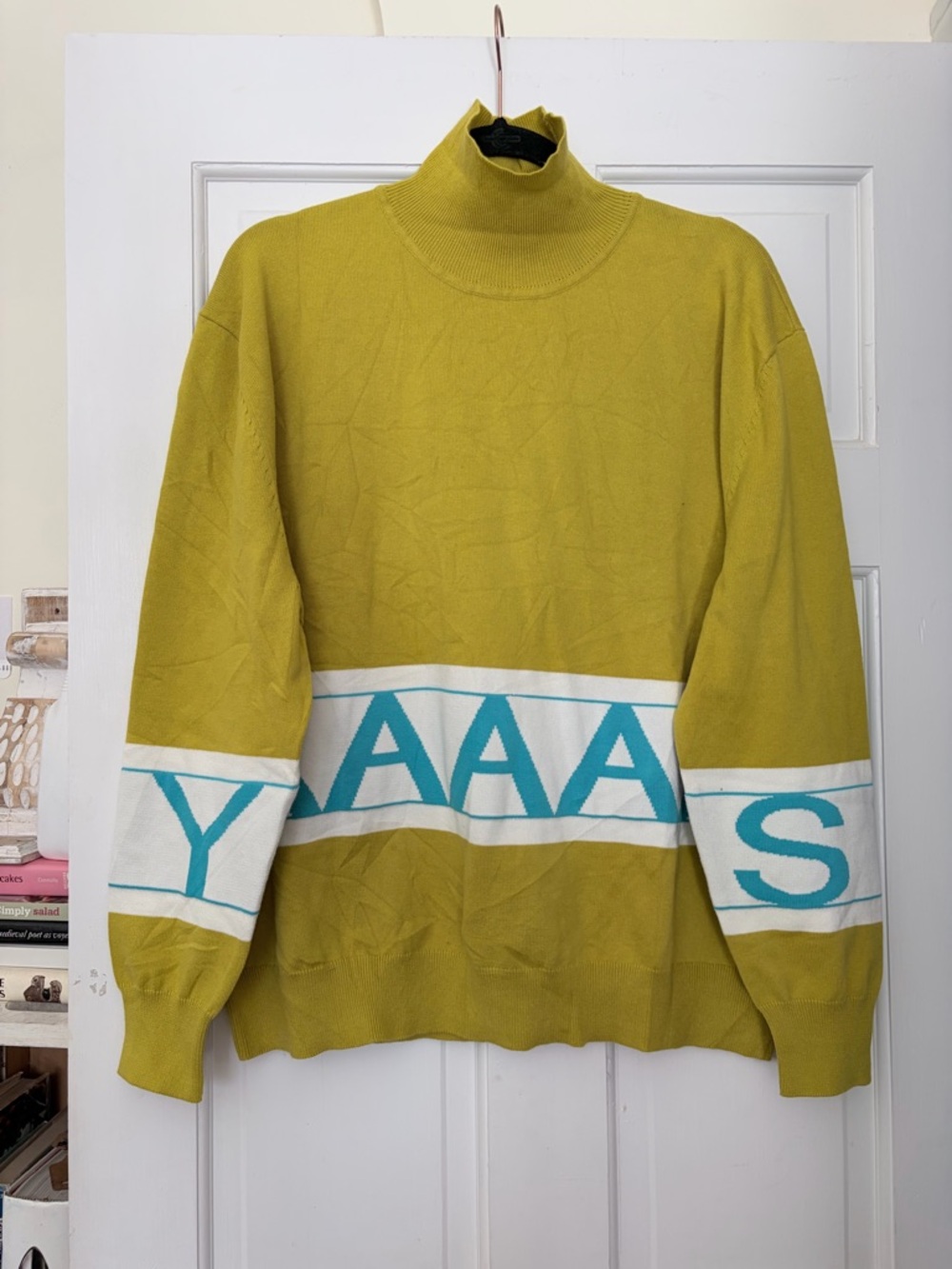 Olive Green Turtleneck Sweater with Teal Lettering